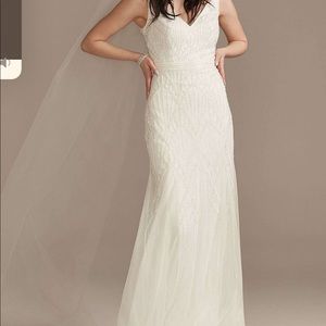 Davids Bridal V-Neck geometric beaded wedding dress